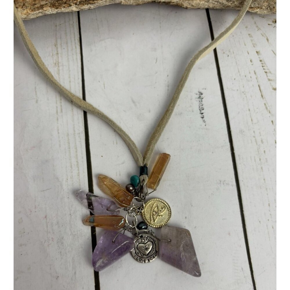 Peyote Bird Quartz Crystal Pearl Turquoise Sterling Silver Leather Necklace J037 - Picture 2 of 6